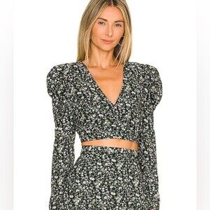 MINKPINK REVOLVE Rivera V Neck‎ Ruched Top in Multi NWT Size M Floral Black
